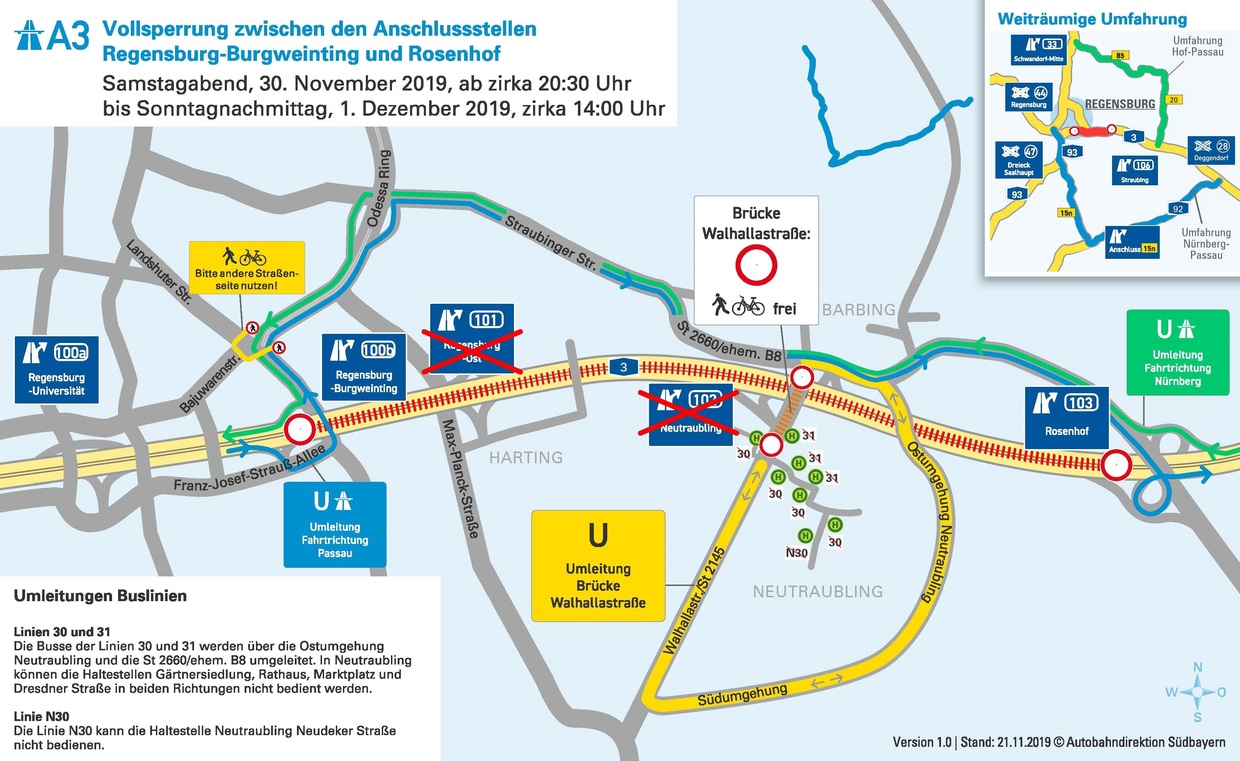 sperrung, A3, 30,11,2019, 30.11.2019, Umleitung, Autobahndirektion Südbayern, © Autobahndirektion Südbayern