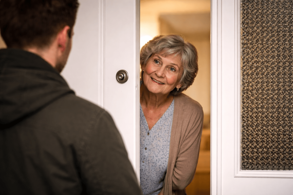 betrug, haust&uuml;r, frau, bewohner, &copy; KI-Symbolbild